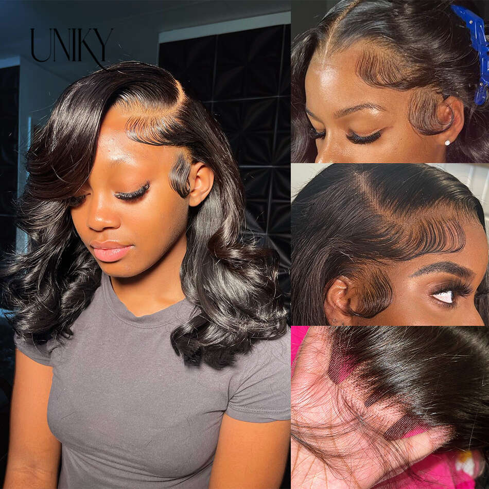 Uniky 14 16Inch Body Side Part Brazilian Human Hair 13X1 Lace Frontal Deep Wave Water Curly Short Bob Wig