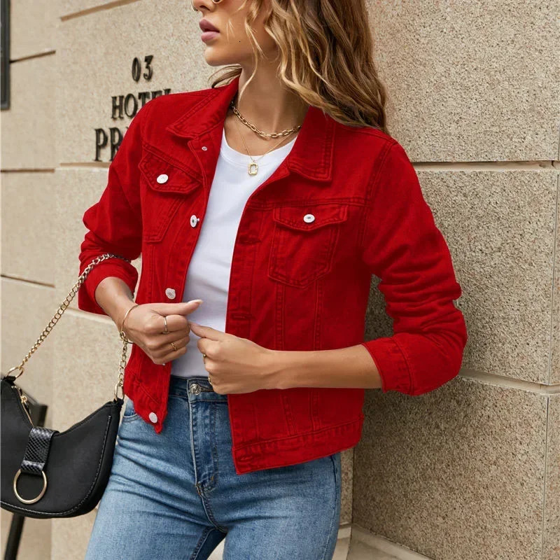 2024 Women Short Denim Jackets Fashion Female Casual Long Sleeve Lapel Solid Button Pocket Slim Jean Jacket Fall Winter Coat 241025
