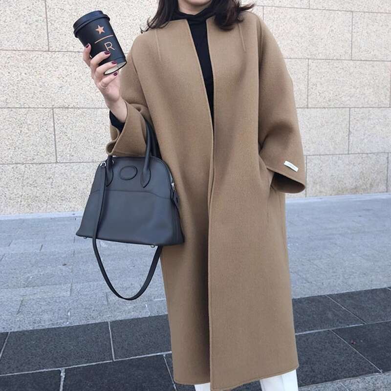 Korean Chic Minimalist Women's Autumn And Winter Temperament Double Pocket Long Sleeved Mid Length Cardigan Woolen Jacket