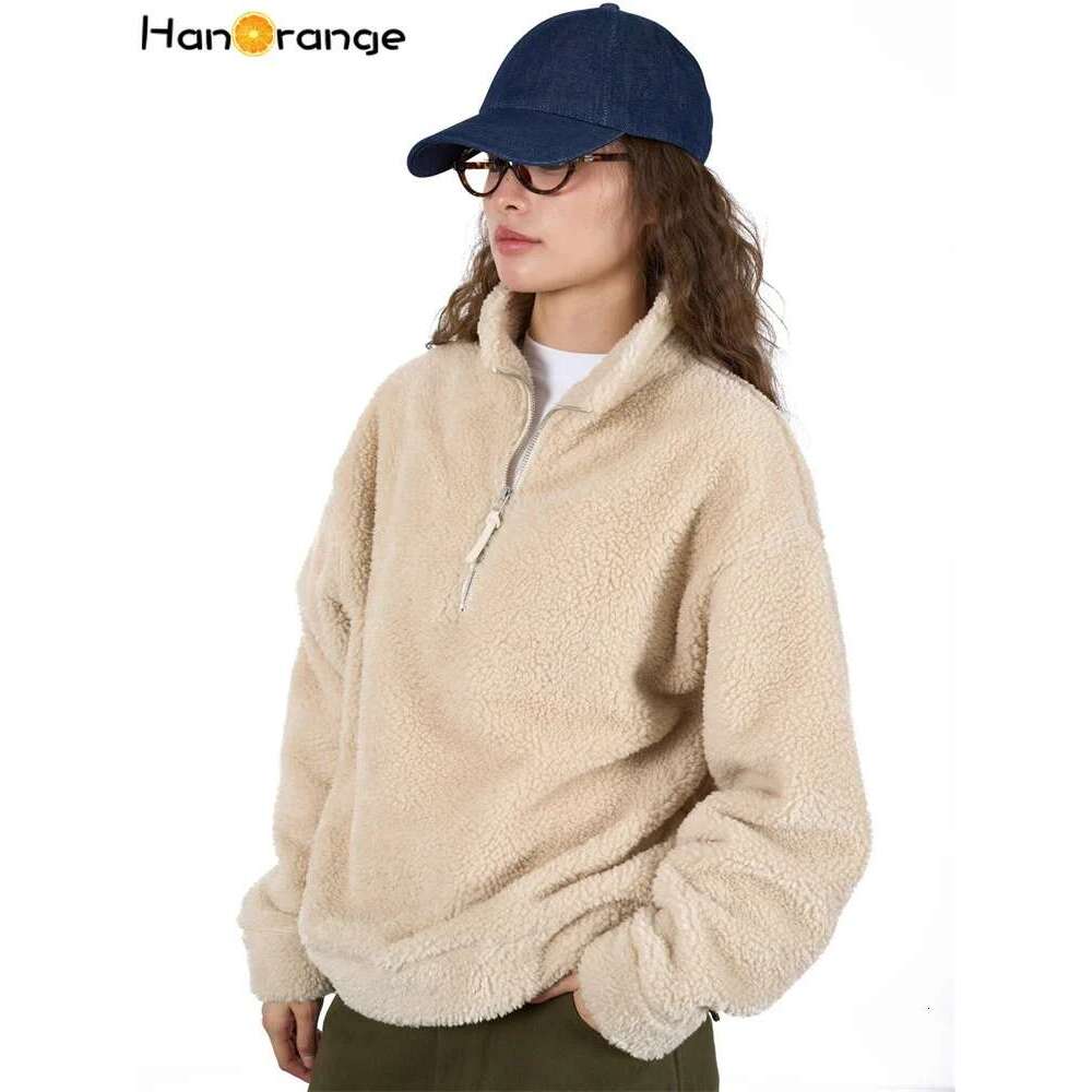 Hanorange 2024 Autumn Winter Lazy Fake Lambswool Turtleneck Hoodie Women Loose Soft Sticky Skin Friendly Warm Top Beige/Brown