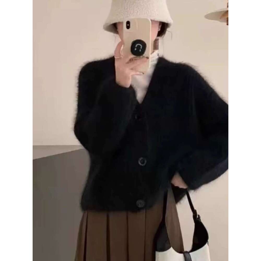 It's So Chic Temperament V-Neck 100% Pure Cashmere Knitted Cardigan Women's Spring And Autumn Korean Version Wool Base Coat