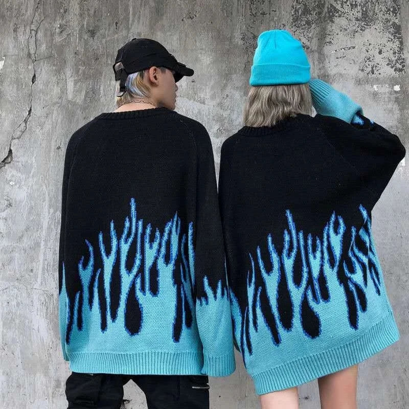 Autumn Women Oversize Sweater Harajuku Flame Knitted Couple Pullover Winter Hip Hop Oneck Loose Jacquard Men Sweatshirt 241025