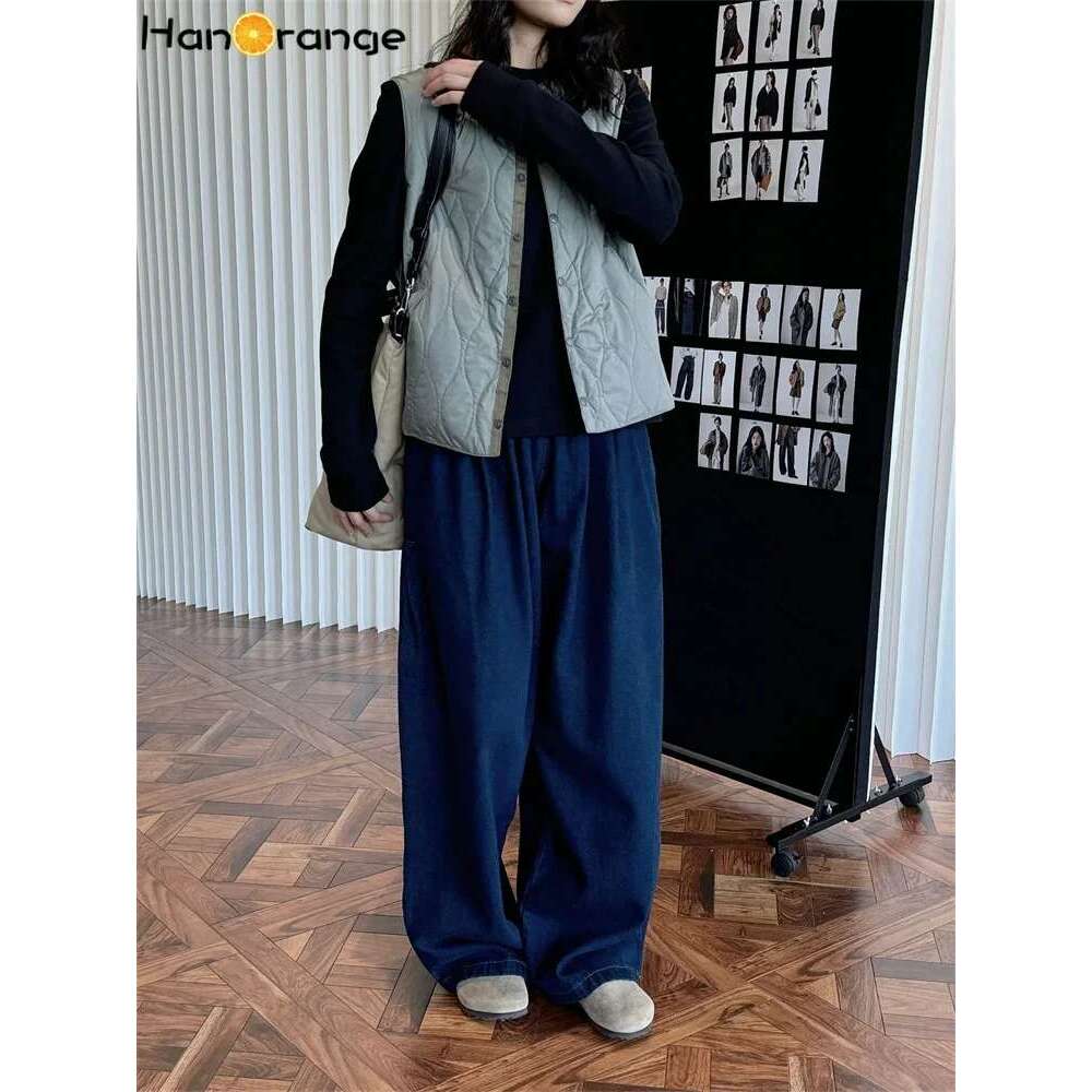 Hanorange 2024 Winter Fashion Fleece Jeans Women Loose Wide Legs Pants Elastic Waist Denim Blue