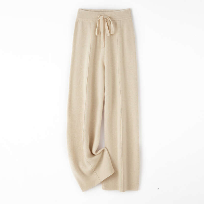 2024 Fashion Women Pure Color Wide Leg 100% Merino Wool Knitted Trousers Spring Autumn High Waist Lace-Up Pants