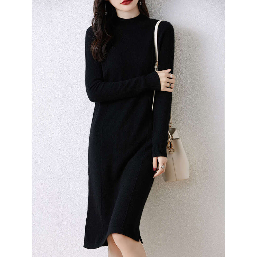 2024 New Women's Long Dresses 100% Merino Wool Autumn Winter Half High Collar Pullover Sweater Skirt Cashmere Knitwear Dress