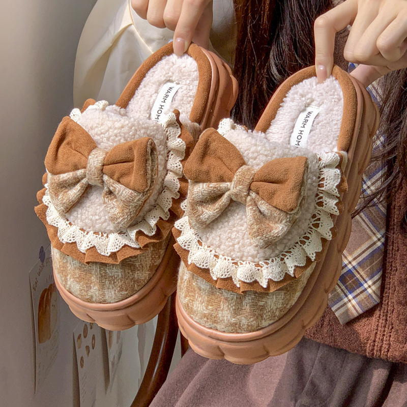 Butterfly Knot Cotton Slippers Women: Plush, Thick Sole for Height Increase, 2023 Release e5b1