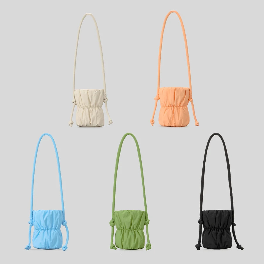 Fashionable Ruched Small Inflatable Bucket Bag Pad Womens Shoulder Bag Casual Nylon Cross Bag Cute Small Phone Wallet 241025