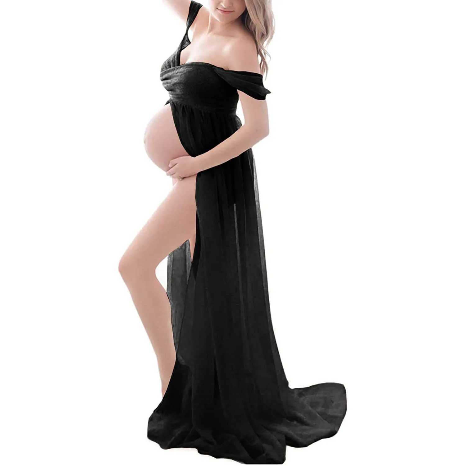 Pregnant womens dress shoulder short sleeved mesh transparent split type long pregnant womens dress taken in the photo W241026