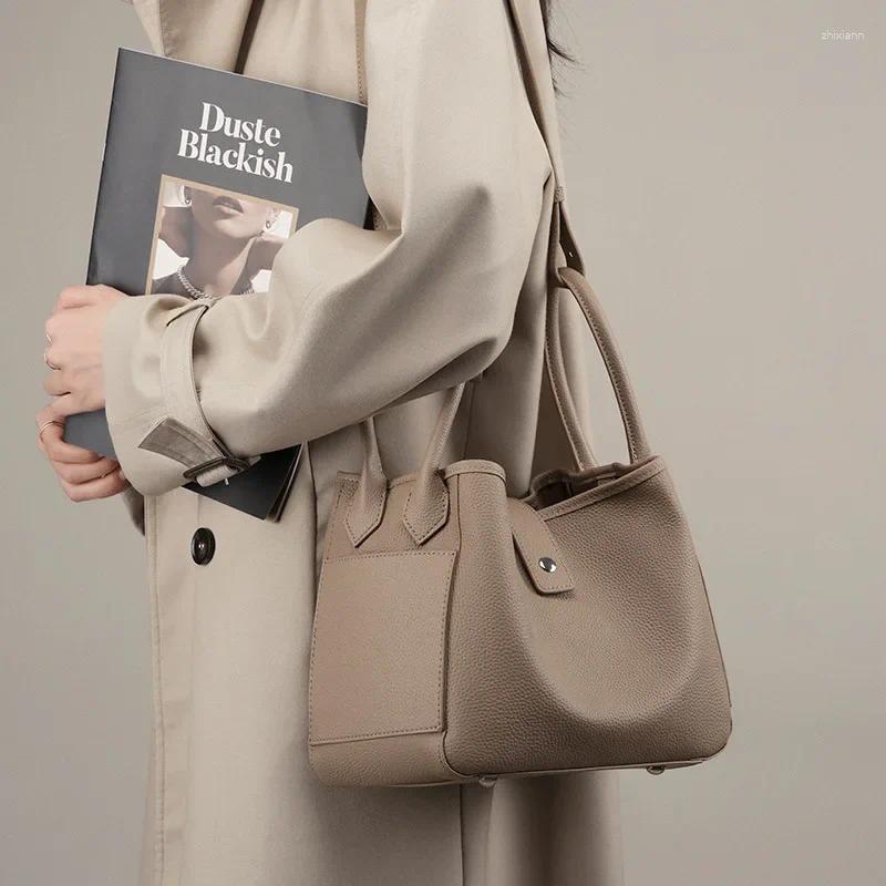 Drawstring Leather Handbag First Layer Cowhide Fashion Design Basket Shoulder Bag Temperament Soft Bucket