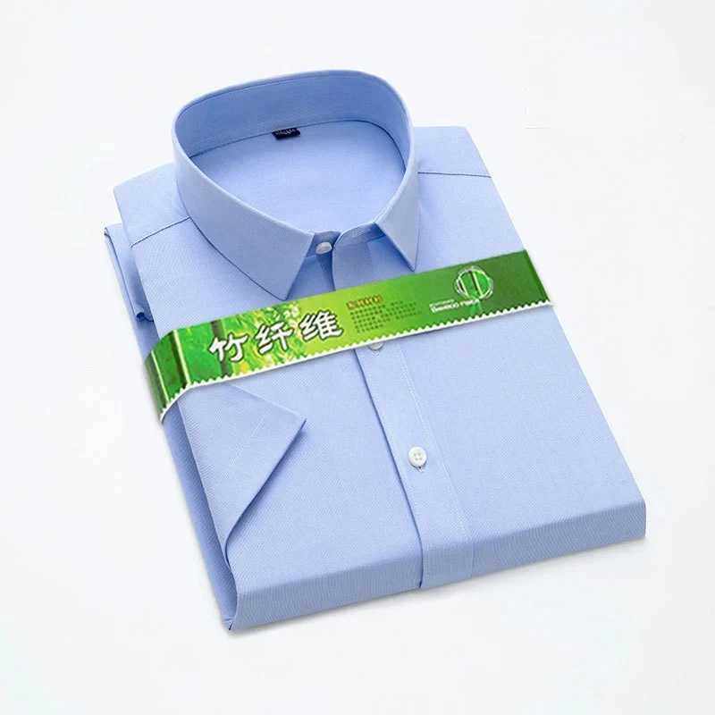 Bamboo fiber elastic mens shirt fashionable casual business short sleeved top anti wrinkle no solid color formal shirt S-6XL W241026