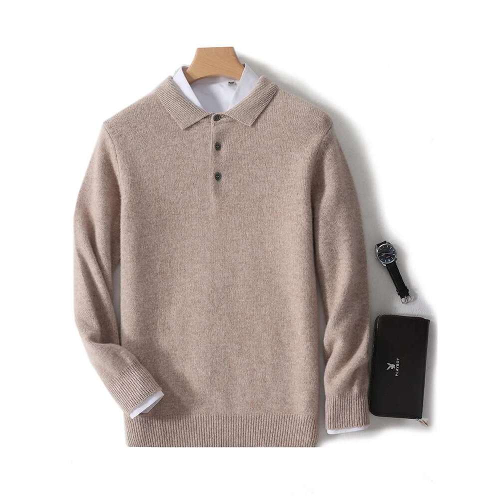 100% Merino Wool Hot Cardigans Men Lapel Pullover Long Sleeve Polo Neck Sweaters Loose Tops Knitwear Clothing Large Size Shirt