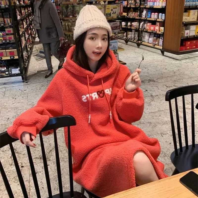 New Korean loose thick imitation fur one-piece long knee hooded cashmere sweater for pregnant women maternity dress W241026