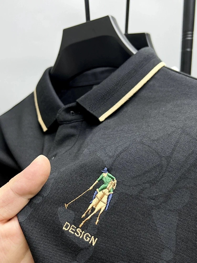 High end solid color long sleeved exquisite embroidered POLO shirt for mens fashion lapel Tshirt casual anti wrinkle top 241025