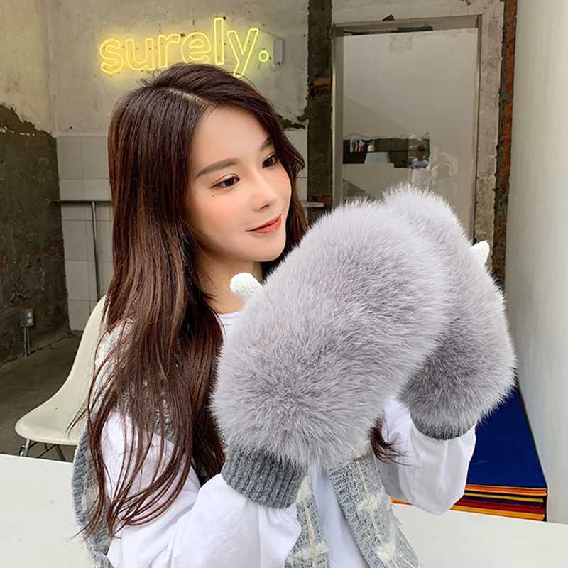 New Womens% Genuine Knitted Thick Leather Gloves for Winter Warmth La Genuine Fur Gs Knitted Fur Gloves W241026
