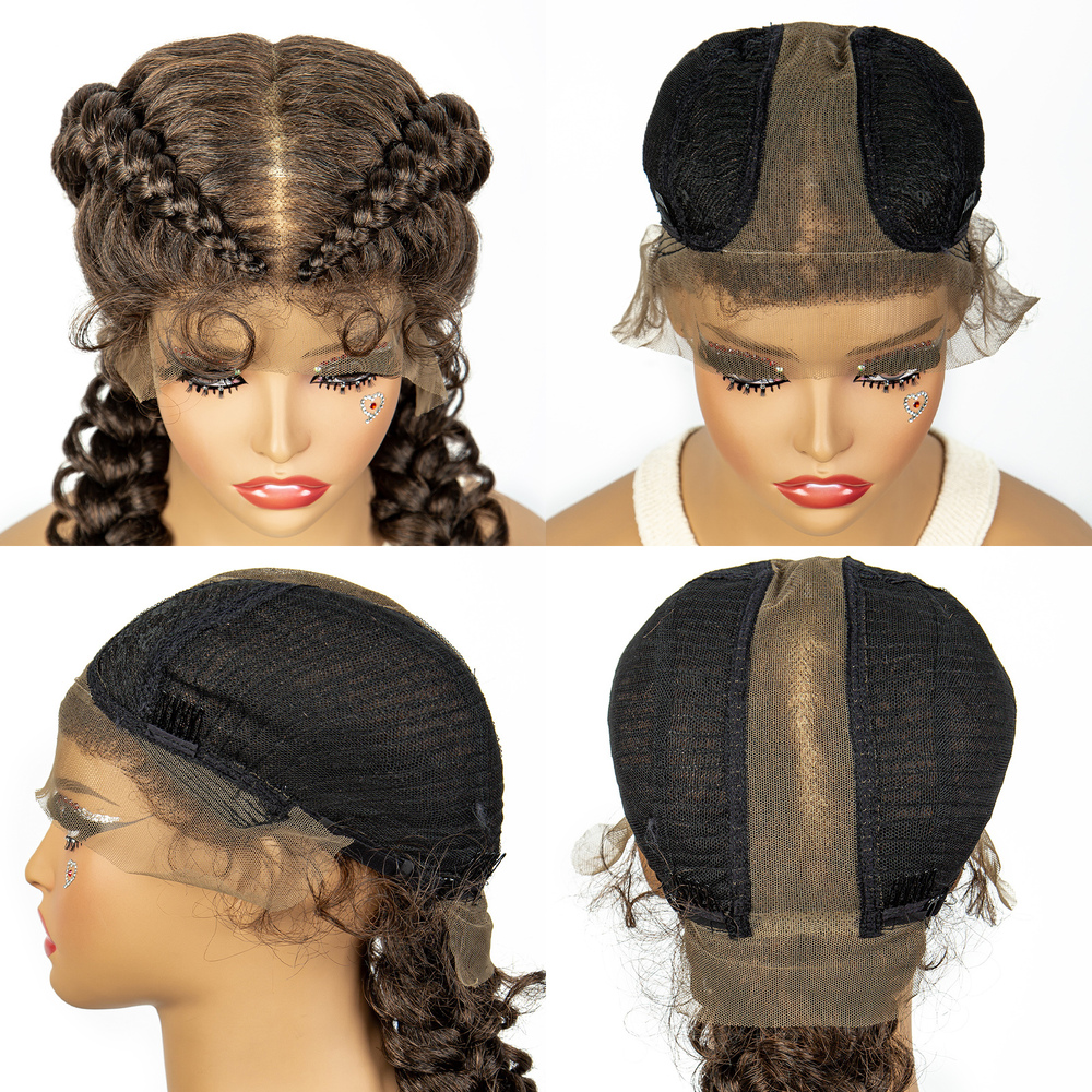 1B/30 Dark Brown Synthetic Lace Frontal Dutch Box Braided for Black Women Fishtail Braids with Baby Hair Cornrow Wigs