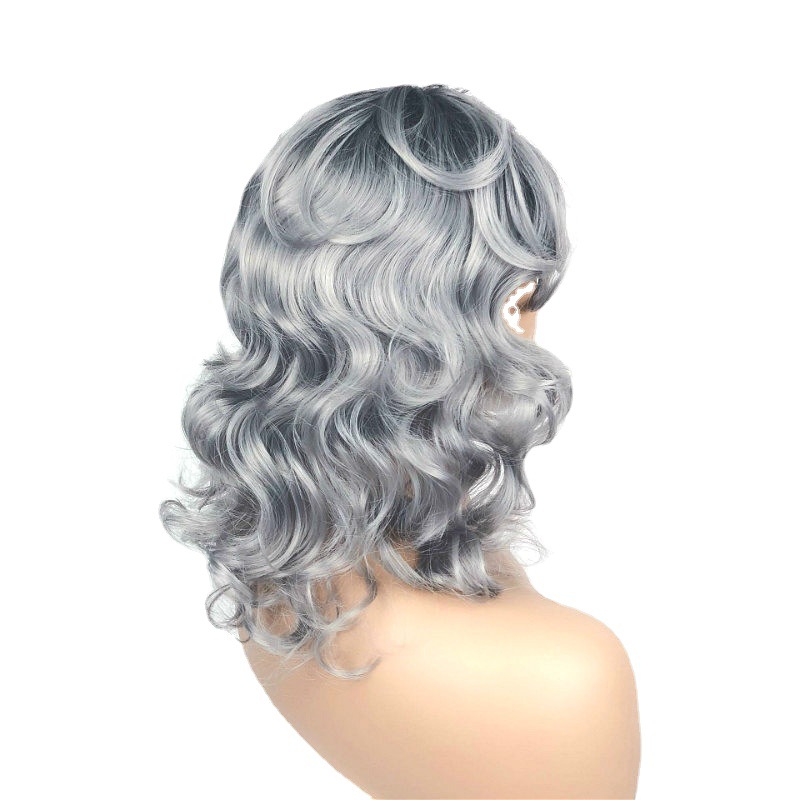 Wig for women with side-parted long curly hair cosplay gray dyed full headpiece wigs human hair