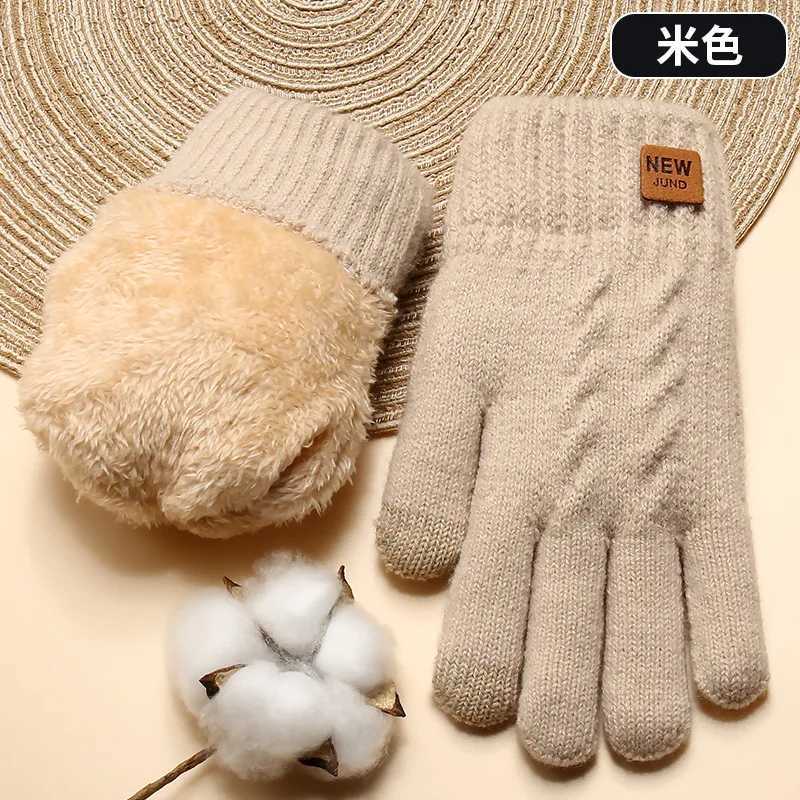 Womens Winter Thick Double layer Knitted Gs Wholesale Plus Velvet Cold proof Warm Solid Color Touchscreen Gs W241026