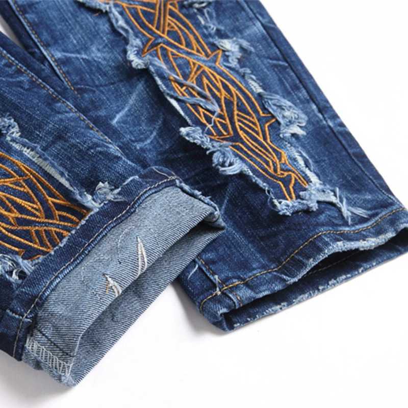 New punk style blue ripped applique embroidered jeans straight leg mid waist stretch mens jeans hip-hop T-shirt X241026