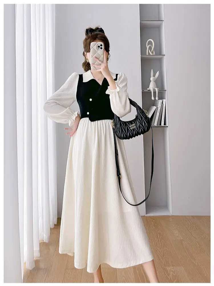 2024 autumn and winter knitted patch work pregnant womens dress with long flame sleeves loose collar elegant pregnant womens clothing W241026