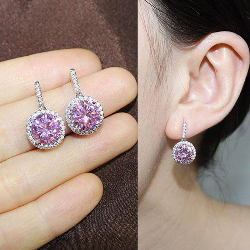 Luxury Round 925 Sterling Silver Zircon Earrings Women Pink Diamond Stud Earrings Red Crystal White Gold Earrings Wedding Jewelry