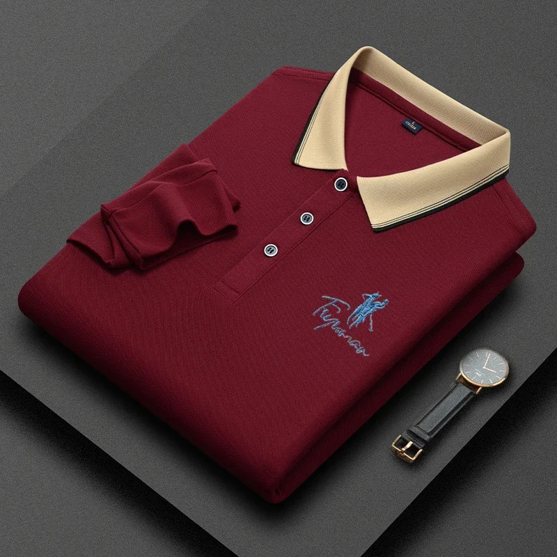 Mens Casual Embroidery Long Sleeve Polo Shirt Fashion Solid Color Top y241025