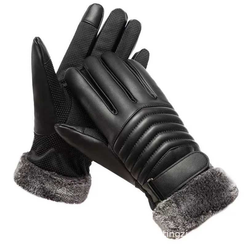 Winter Warm Black PU Gs Mens Fur Mouth Plush Insulated Gloves Mens Outdoor Bicycle Touchscreen Cotton Gs W241026