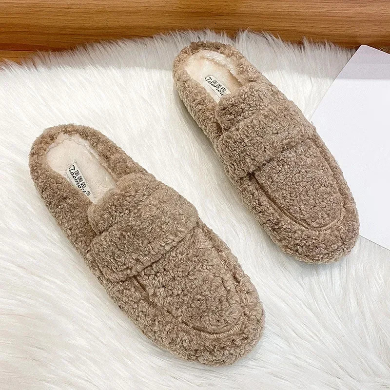Womens fluffy slippers winter warm plush mule single fur slippers comfortable cotton shoes cashmere womens curly sheep flat half shoes 241024