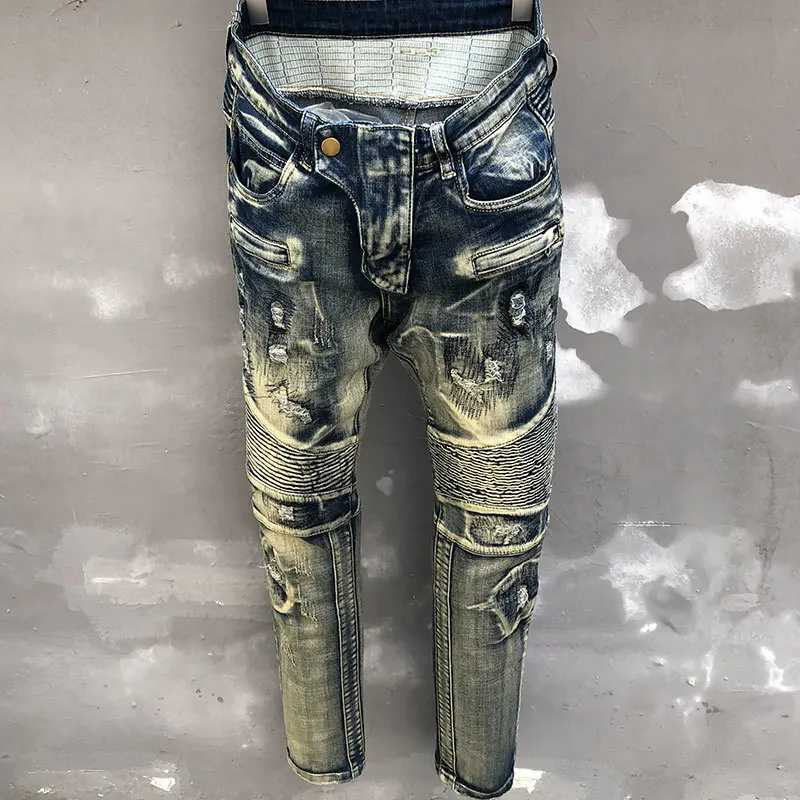 Hip hop mens elastic slim Jean Fall designer Jean Retro motorcycle jeans mens motorcycle patch work fashion brand Jean High Strt X241026