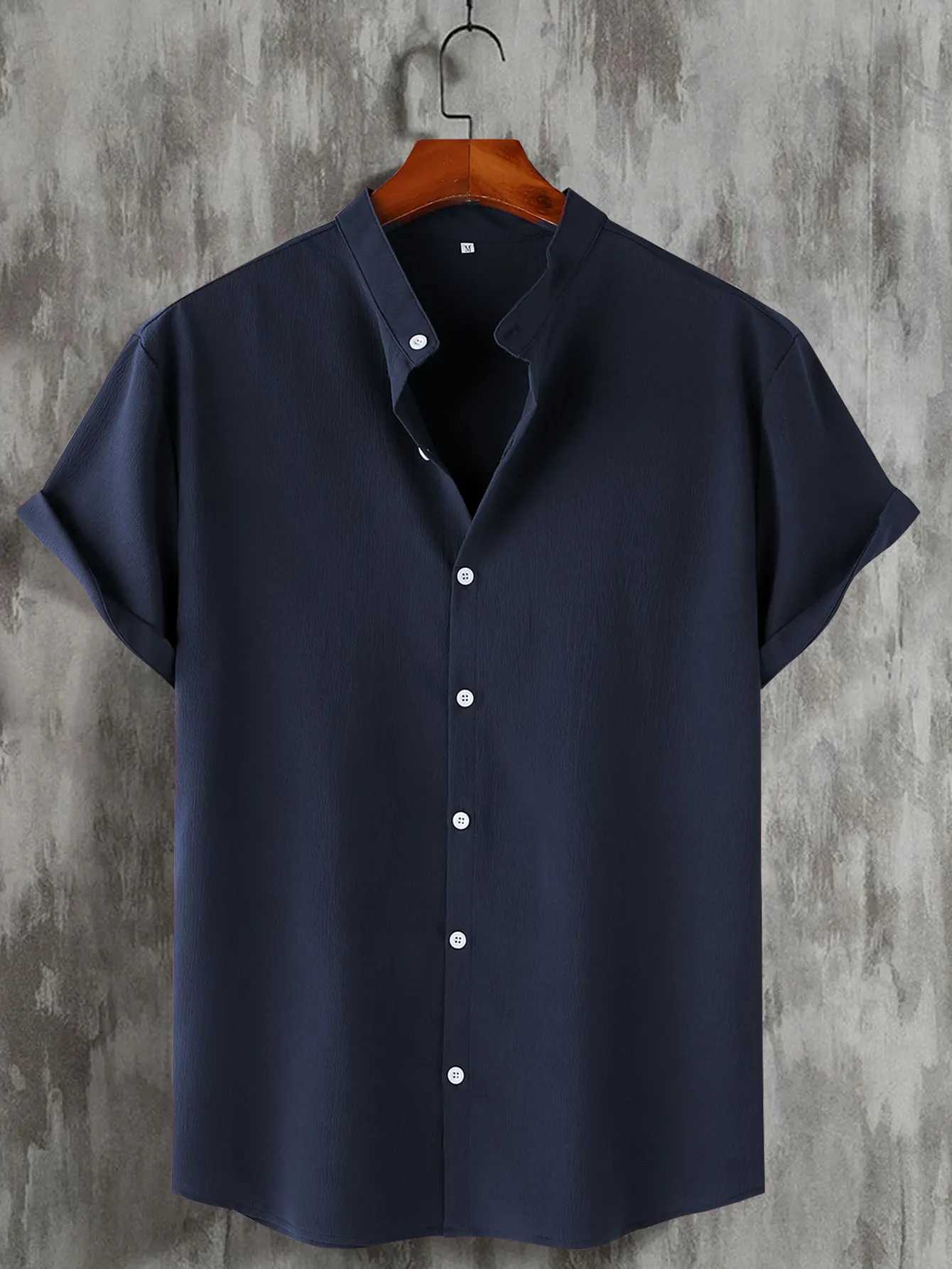Casual solid color mens short neck shirt summer outdoor mens button up shirt mens gift W241026