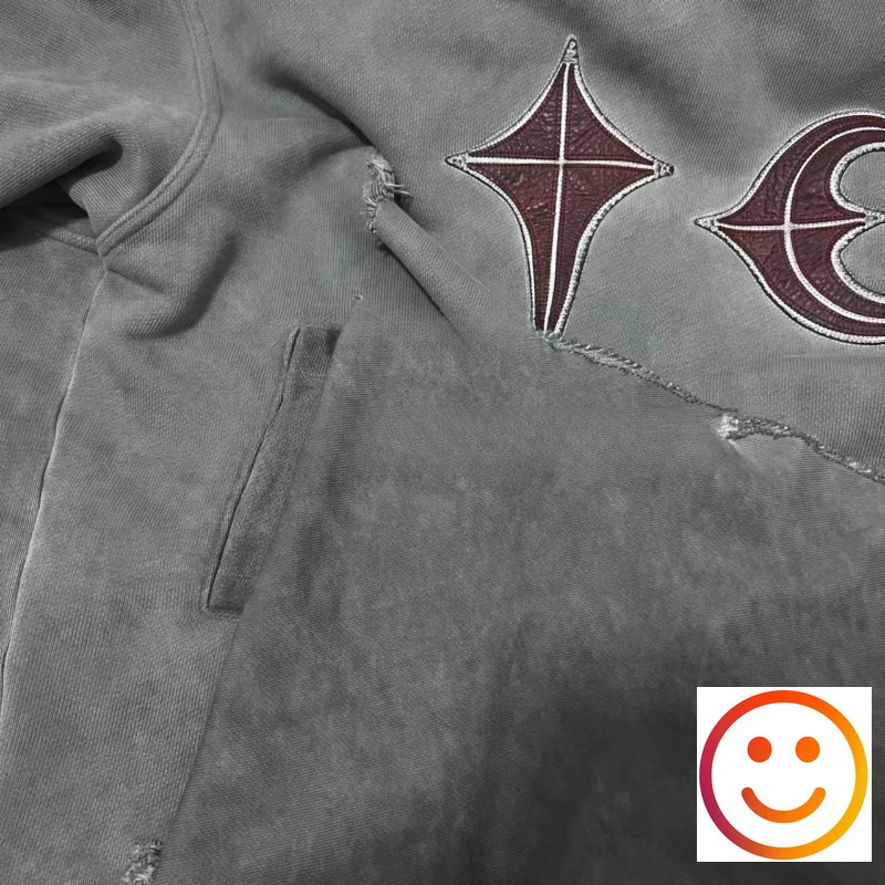 Wash Cut Hole Damaged THUG CLUB Hoodie Leather Embroidery Patch Label Sweatshirts Men Women High Quality Terry Pullovers Loose 241025
