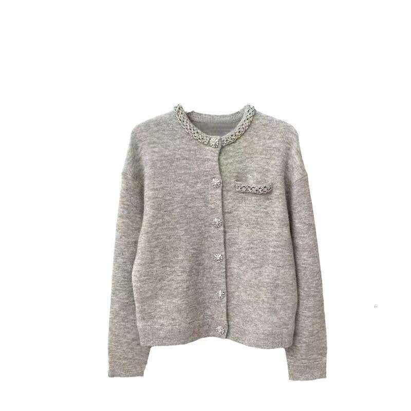2024 Autumn/Winter New Heavy Industry Pendant Style Sweater Commuting Fashion Versatile Grey Knitted Cardigan Women