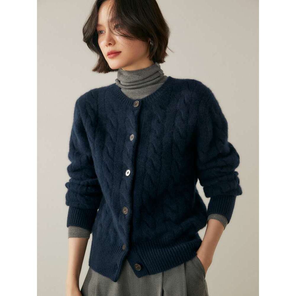 Women's 100% Sweater O-Neck Cable Knit Cardigan Autumn Winter Preppy Style Cashmere Knitwear Thickened Soft Female Tops