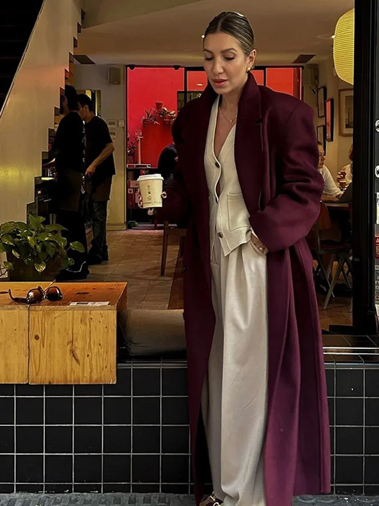 Elegant Burgundy Buttons With Belt Long Coat Women Fashion Lapel Full Sleeves Wool Blends Jacket 2024 Office Lady Outerwear 241025
