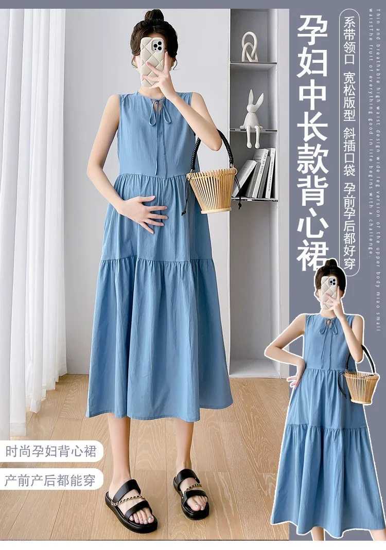 Summer sleeveless loose pregnant womens long dress simple vest dress pregnant women 24SS Y2k youth W241026