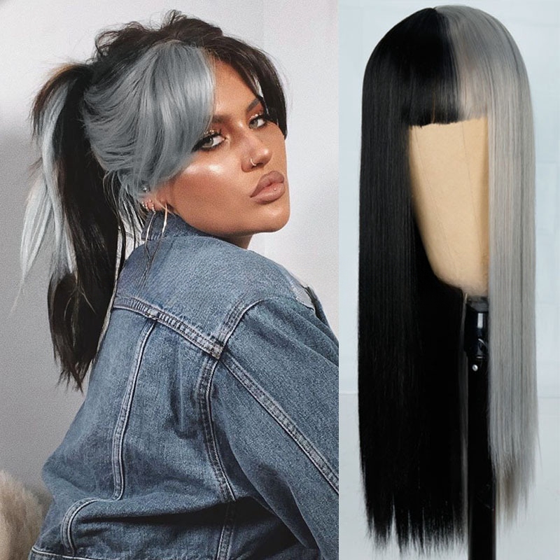 Wig for women long straight black and gray yin and yang colors fashion chemical fiber wig
