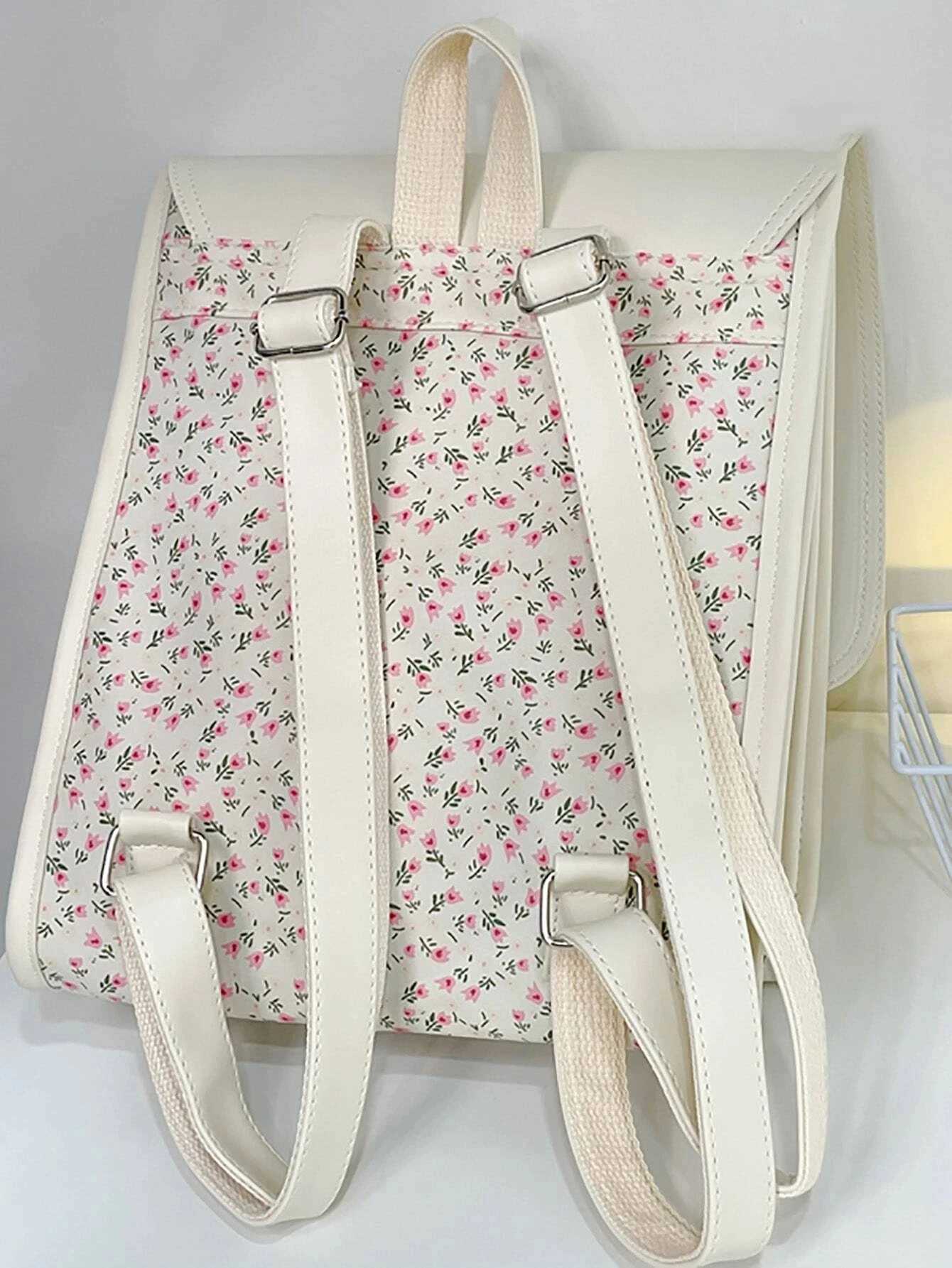 Business Casual Portable Ditsy Floral Buckle Decor Flap Backpack For Teen Girls Women Large Capacity Fiable SchoolbagXJ241026