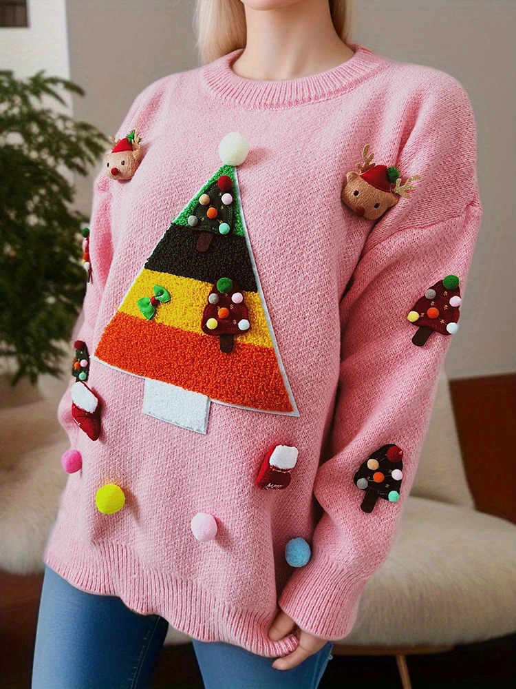 OIINAA Christmas Knitted Sweater Women Oneck Pullover Loose Fashion Autumn Winter Female Long Sleeve Casual Knitwear 241025