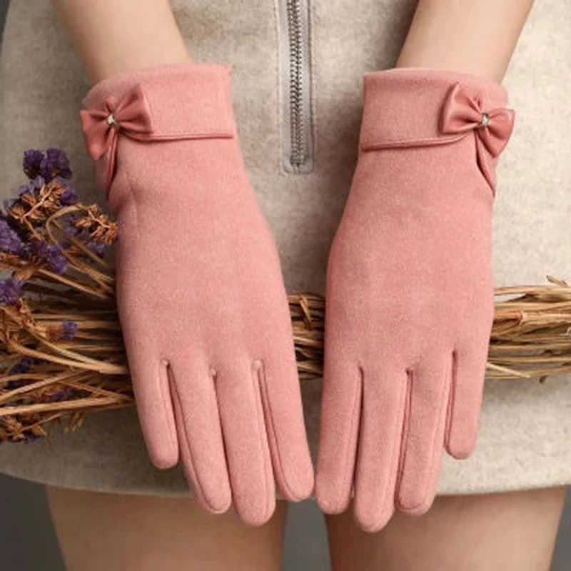 Womens Winter Cashmere Plus Velvet Plush Full Finger Bicycle Warm Gloves Womens PU Leather Bow Touchscreen Driving G H80 W241026