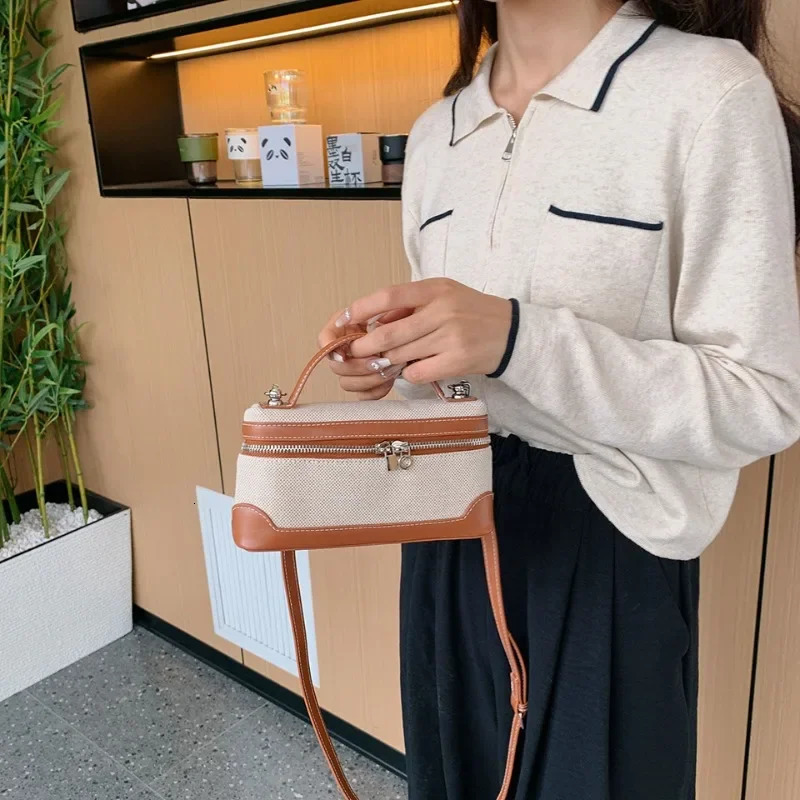 Lightweight zipper PU canvas patchwork shoulder bag selling trend womens bag high-quality fashion makeup bag 241025
