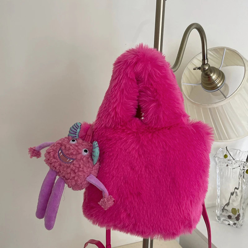 Plush Velvet Womens Bag Autumn/Winter Rose Red Handbag Doll Little Monster 241025