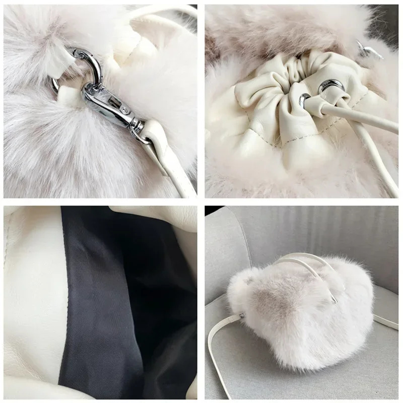 Solid color soft plush shoulder bag winter fashion womens fluffy handbag faux fur womens bucket cross body bag 241025