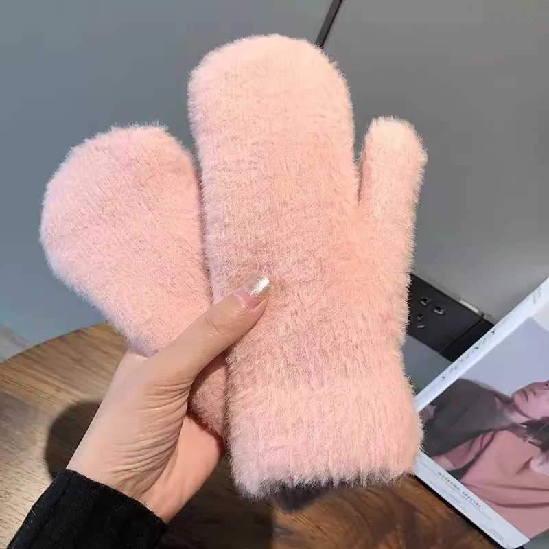 New Womens Winter Warmth Gs Plus Cashmere Solid Elastic Soft All Finger Gloves Gs Imitation Rabbit Fur Knitted W241026