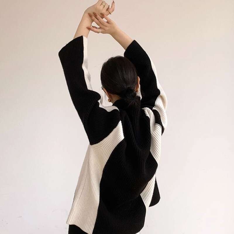 Black White Color Contrast Two-Piece Set For Women In Autumn And Winter 2023, With A Lazy Style High Neck Knitted Sweater An