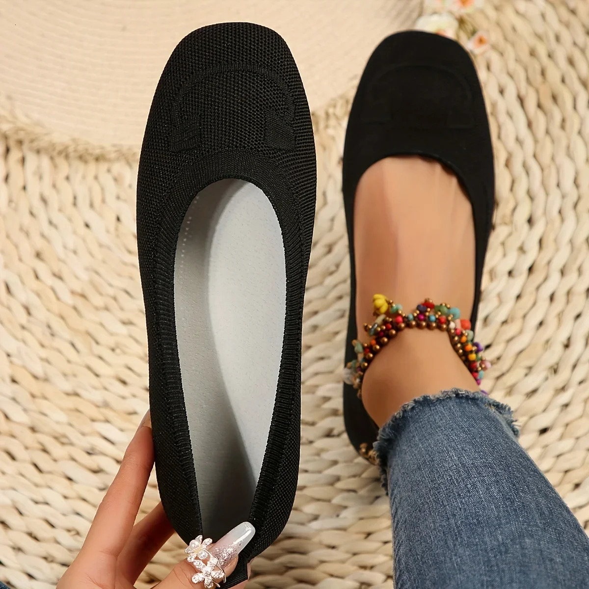 Womens flat shoes solid color knitted office shoes casual breathable ballet shoes soft mesh mule shoes womens Loafers Zapatos De Mujer 241024