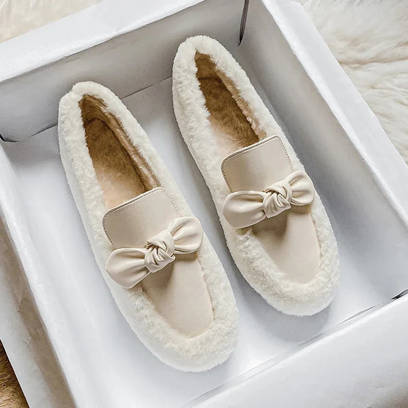 Winter white wool shoes for women sheepskin flat bottom bow knot Mocassines plush cotton snow boots for women Hiver Lambswool Loafers 241024