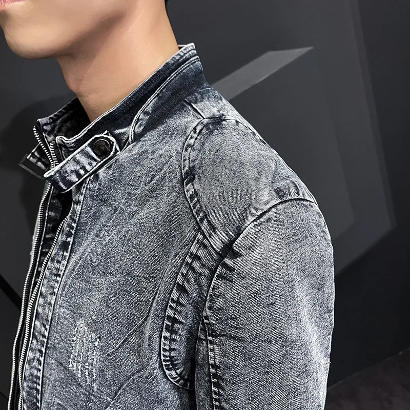 2023 Spring and Autumn Fashion Jean Jackets for Men Stand Collar Zipper Denim Coats Retro Simple Slim Casual Jacke 241025