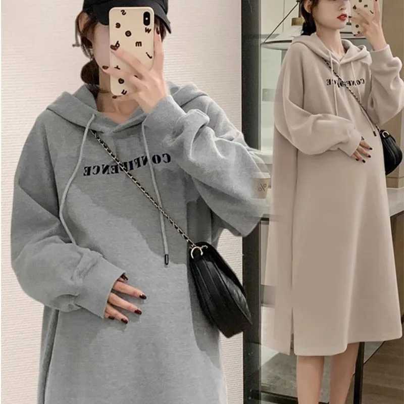 Pregnant Dress Autumn/Winter Pregnant Sweater Hoodie Shoulder Strap Zipper Side Split Pregnant Hoodie Long Sweater W241026