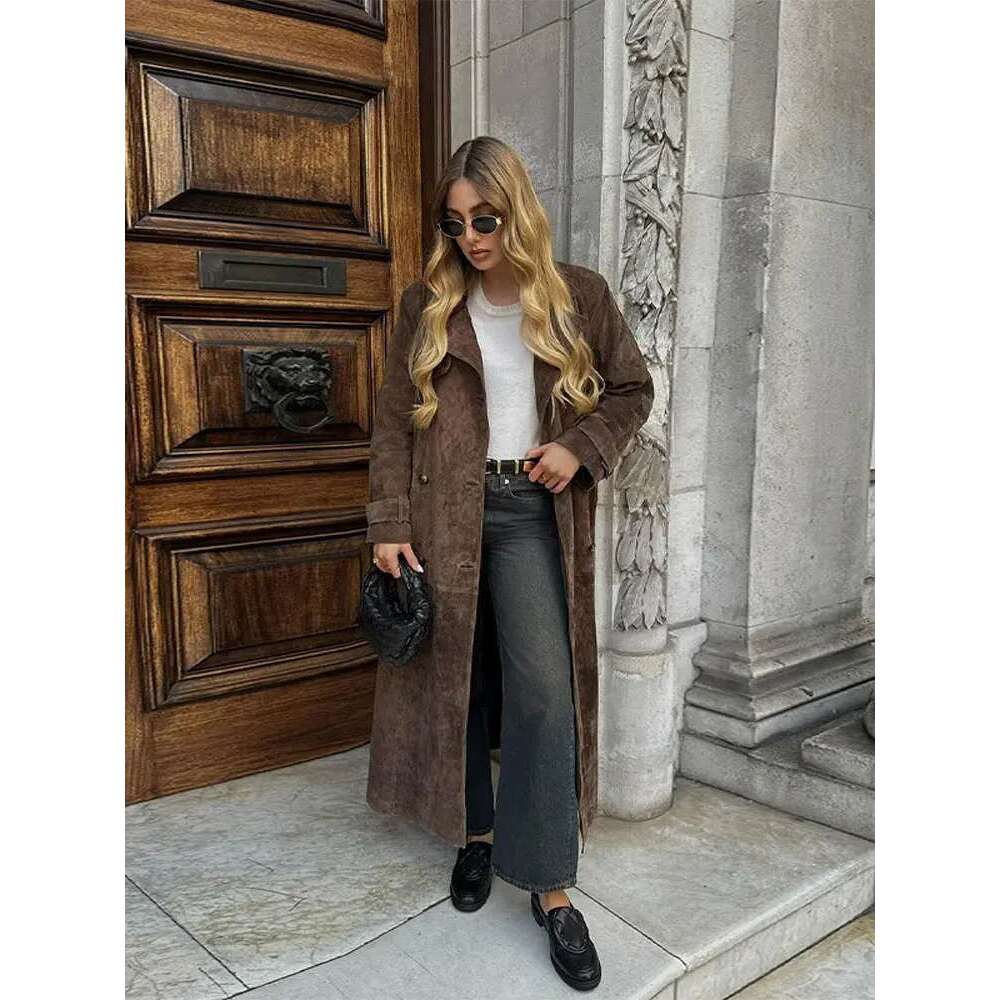 Women Khaki Faux Leather Long Coat With Belt Fashion Double-Breasted Lapel Oversize Overcoat Autumn Female High Street Outwear