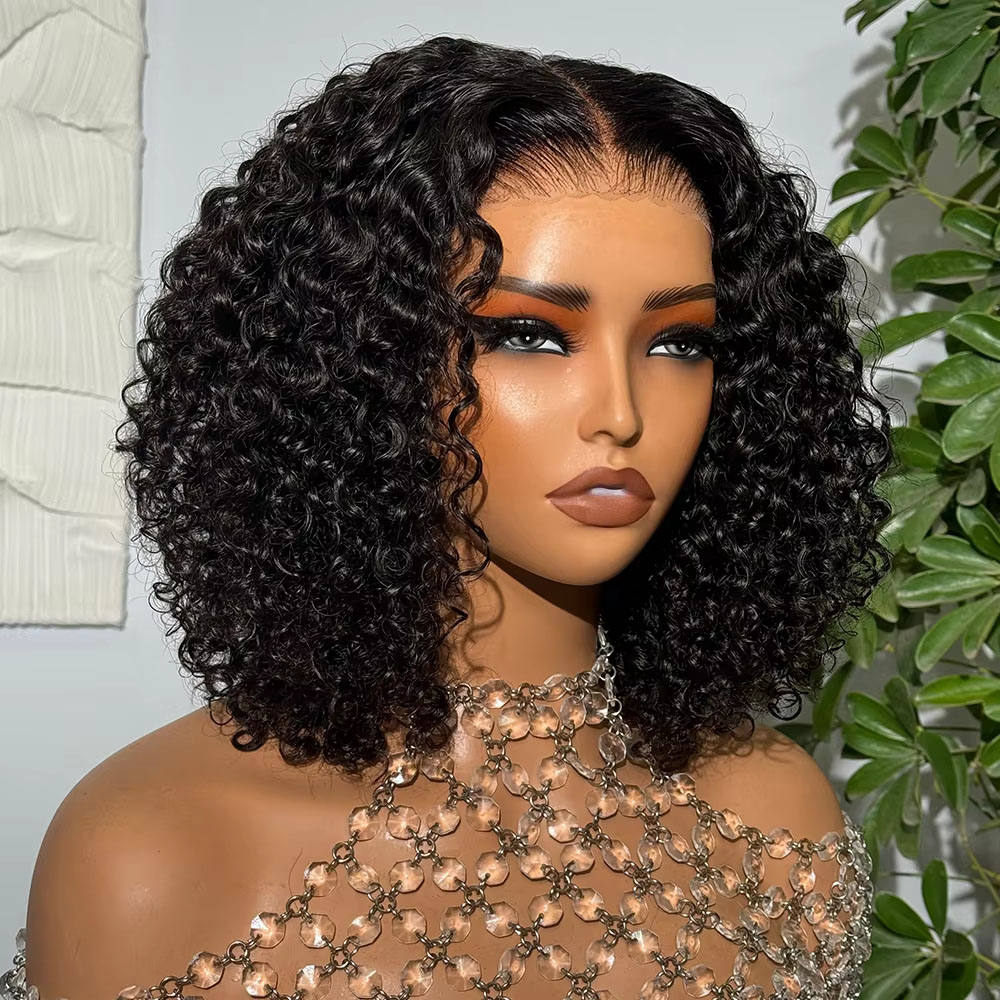 13x4 Glueless Short Bob Kinky Curly Human Hair Wigs for Black Women PrePlucked Transparent Deep Wave Frontal Wig Brazilian