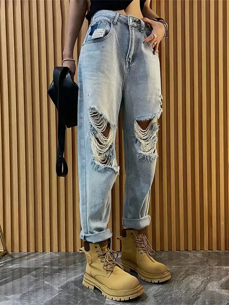 Vintage Ripped Jean Summer Holes Tassel Denim Pants Light Blue Trousers Female Wide Leg High Waist Straight Jeans 4XL 241025